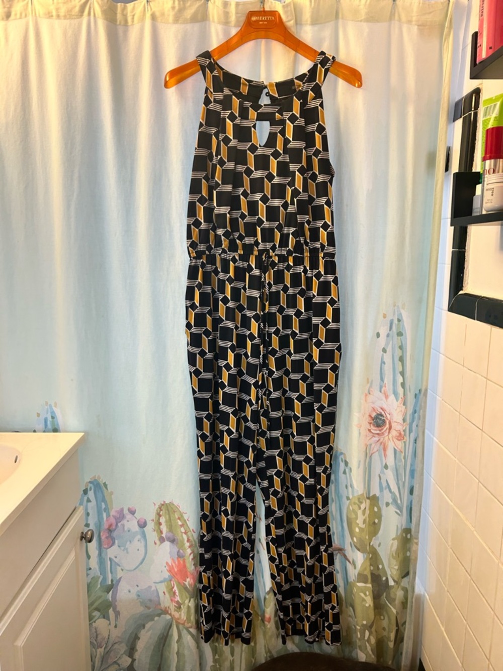 Women's Geometric Print Halter Jumpsuit - Black & Mustard